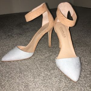 Nude and sky blue heels